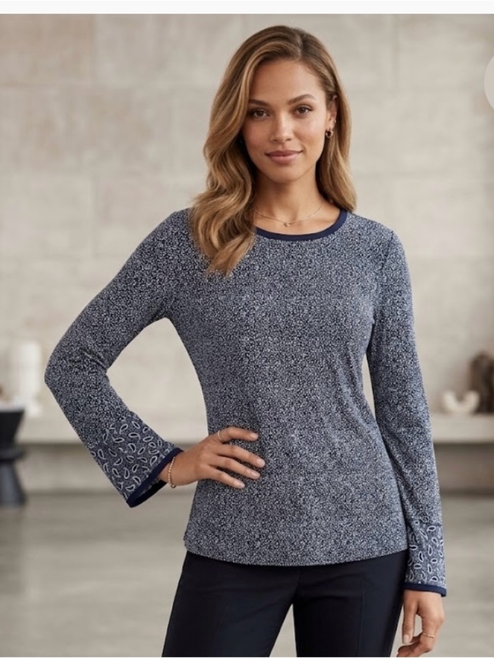 Michael Kors Navy and White Patterned Long-Sleeve Tee